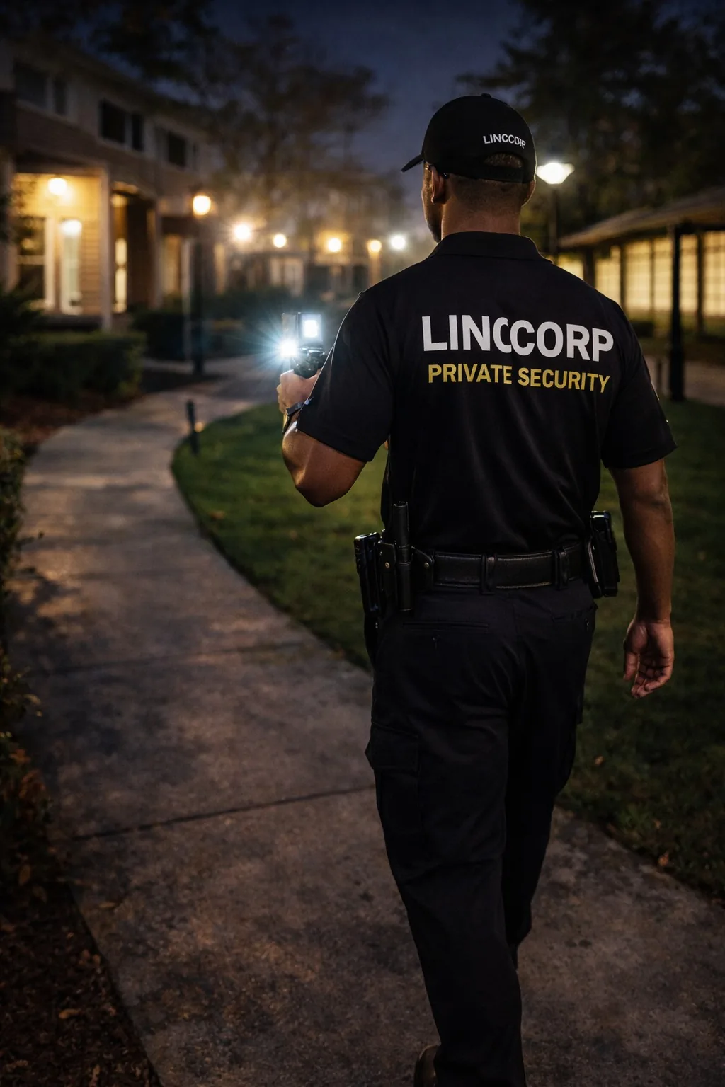 Illustration of a LINCCORP security officer walking a residential property at night